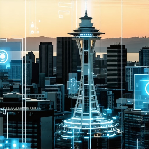 Future of Seattle Local SEO with AI and Voice Search Seattle skyline with AI and voice search icons representing advanced SEO strategies.