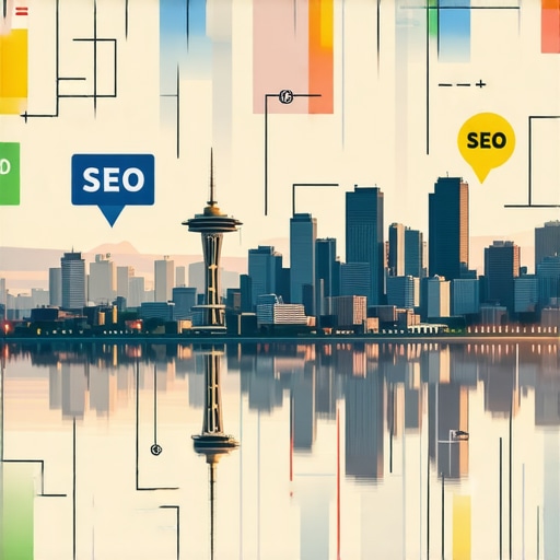 Seattle Local SEO Success Seattle skyline with digital maps and SEO icons