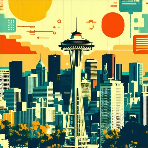 Seattle SEO Map Optimization Seattle cityscape with digital maps and SEO icons