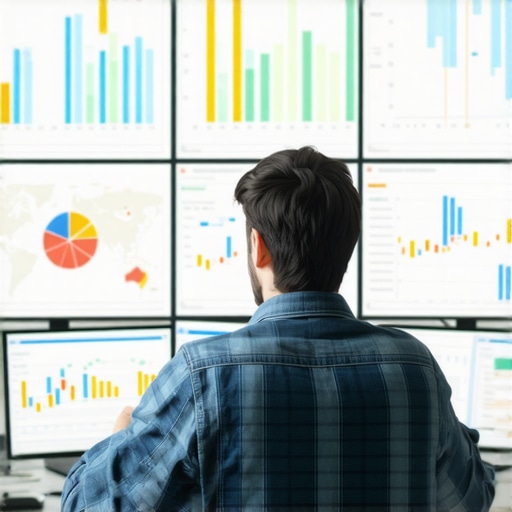 Analyzing Local SEO Data Person reviewing local SEO metrics on screens with maps and charts, illustrating continuous SEO management.