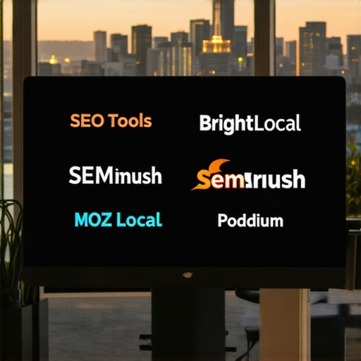 SEO Tools for Local Map Optimization A workspace with SEO software interfaces on a monitor displaying local SEO data with Seattle skyline in background.