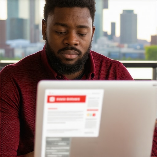 Business owner updating reviews on laptop with Seattle cityscape