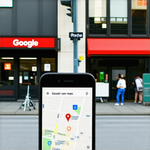 Seattle Business on Google Maps Busy Seattle street with storefront and smartphone displaying Google Maps.