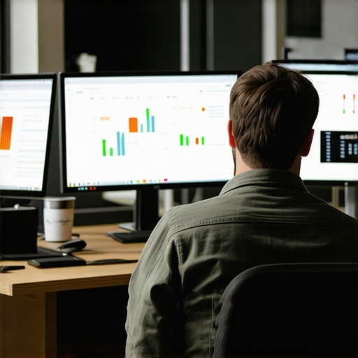 Digital marketer reviewing local SEO analytics and maps optimization results on several monitors in a modern Seattle office