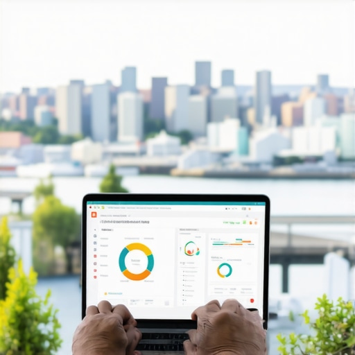 Harnessing Tools for Seattle Local SEO Success Person analyzing local SEO data on a laptop with Seattle skyline in background