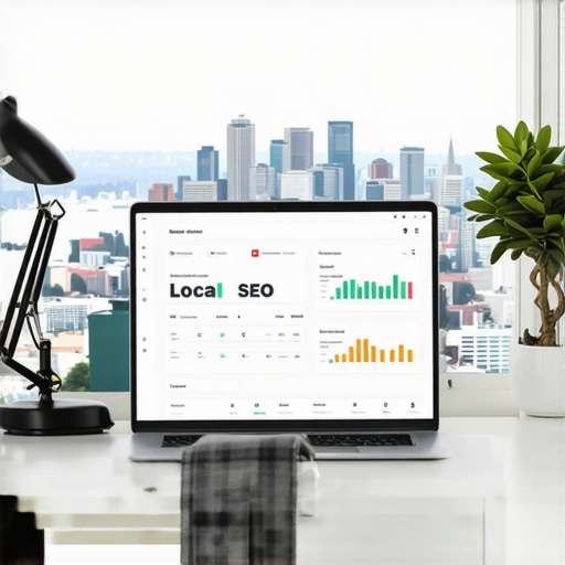A work desk with a laptop showing local SEO data and a Seattle skyline decoration.