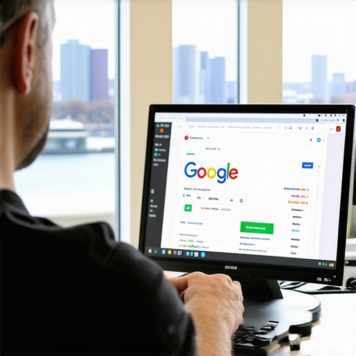 Business owner working on Google My Business listing with Seattle skyline in the background.
