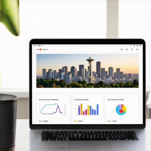Laptop showcasing SEO metrics with Seattle landmarks in the background