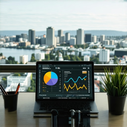 Computer screen displaying SEO analytics with Seattle skyline in background