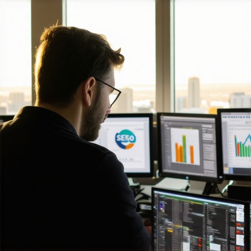 Person reviewing local SEO data and maps analytics with Seattle skyline backdrop.