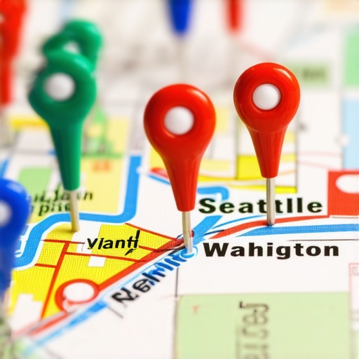 Illustration of optimized business locations on a map with SEO signals