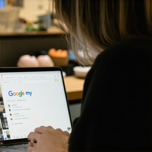Business owner editing Google My Business profile on a laptop with Seattle storefront in background.