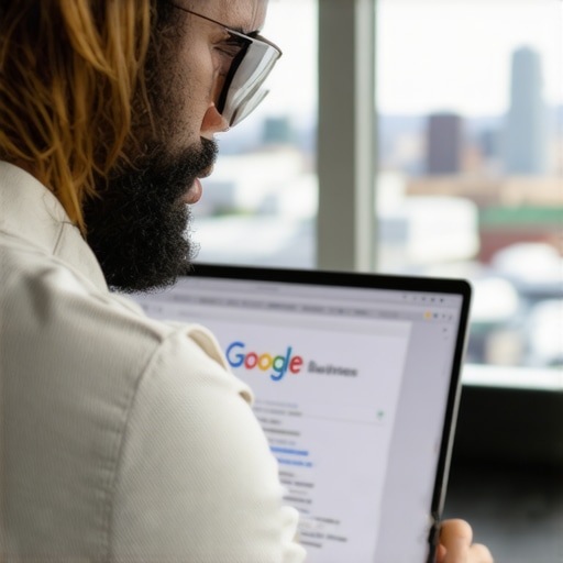 Business owner updating Google My Business profile with Seattle skyline in background.