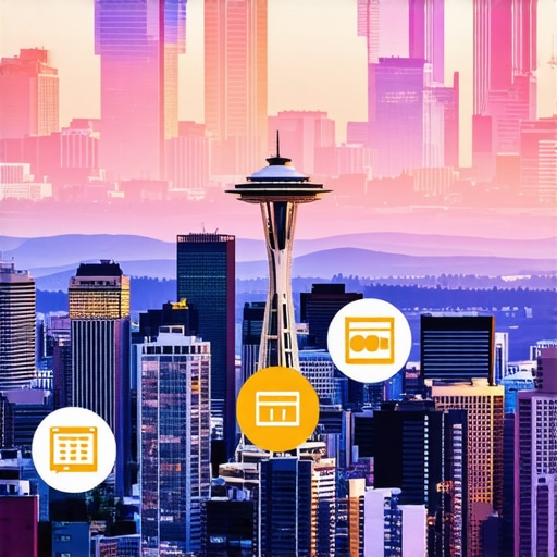 Seattle skyline with icons representing local businesses and digital marketing strategies.