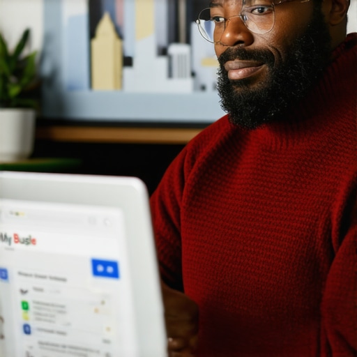 Business owner editing Google My Business profile with Seattle skyline behind.