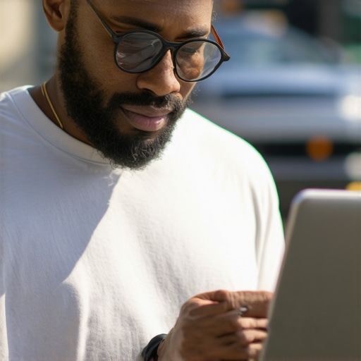 Optimizing Your Seattle Business Profile Seattle business owner updating Google My Business profile on laptop with cityscape background.