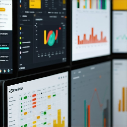 A workspace with multiple monitors displaying SEO analytics and tools used for local map optimization