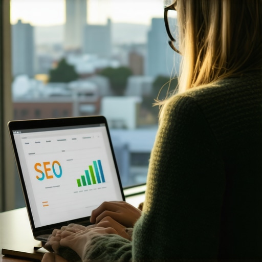 A business owner in Seattle analyzing local SEO metrics on a laptop in front of city skyline