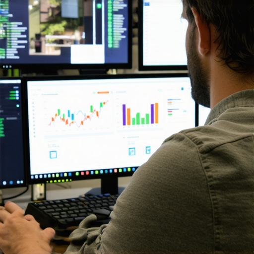 Analyzing Local SEO Data for Seattle Maps Optimization Digital marketer reviewing SEO analytics on computer screens focused on Seattle's local search rankings.