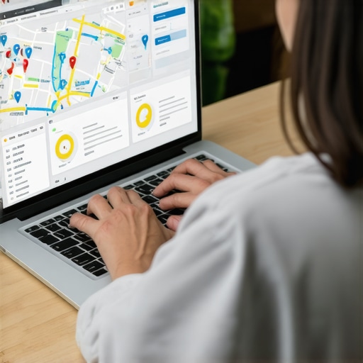 Person reviewing local SEO analytics on a laptop, focusing on maps and performance charts