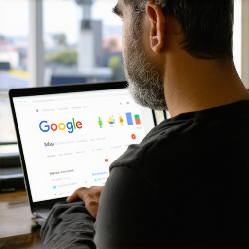 Business owner updating Google My Business profile with Seattle landmarks in background.