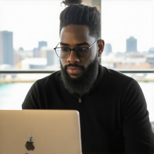 Business owner updating Google My Business profile on laptop with Seattle landmarks in background.