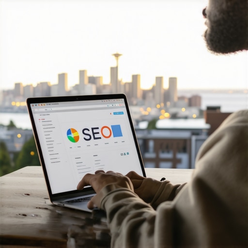 Using SEO Tools for Map Optimization in Seattle Person analyzing local SEO data on a laptop with Seattle skyline