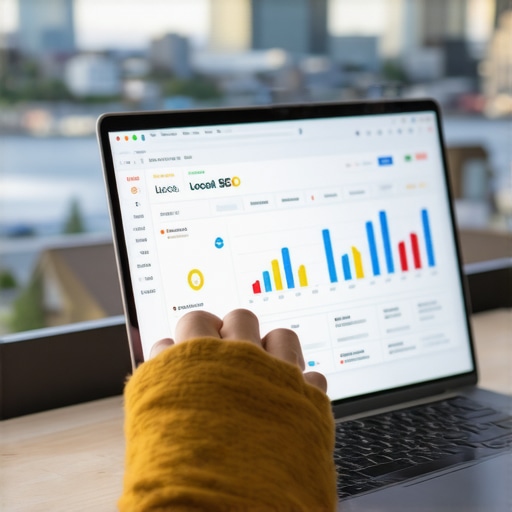 Person reviewing SEO analytics dashboard with Seattle skyline behind.