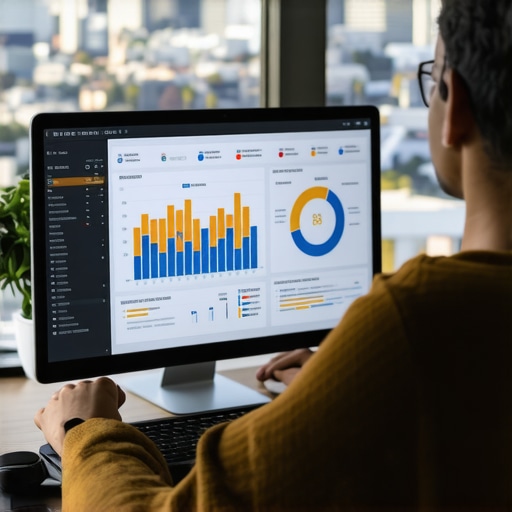 Person analyzing SEO metrics on screens with Seattle background.