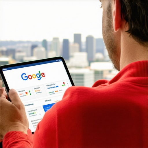 Business owner editing Google My Business profile with Seattle skyline behind