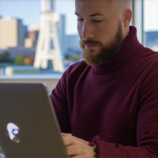 Business owner editing a Google My Business profile on a laptop in front of Seattle landmarks.