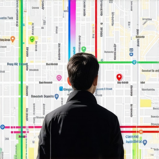 Business owner interacting with customers in a Seattle neighborhood, visuals of maps and local signals.
