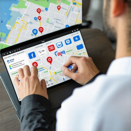Business owner optimizing local SEO using maps and social media tools