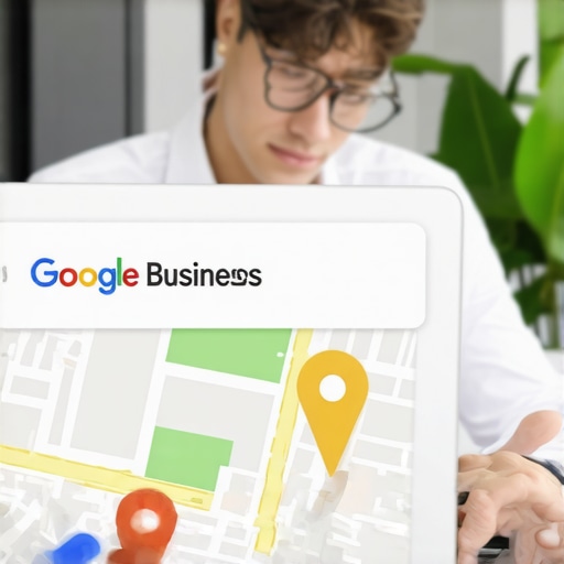 Business owner editing GMB listing on laptop with map pin and neighborhood signals