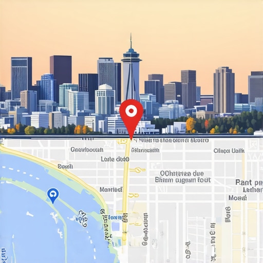 A modern Seattle skyline with overlaid icons representing SEO and mapping tools